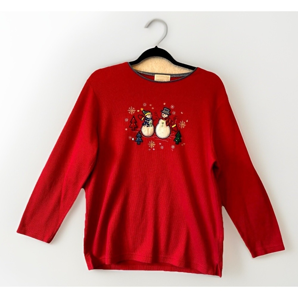 DESIGNERS‎ Originals RED Casual Top M T-Shirt CHRISTMAS SNOWMAN APPLIQUE